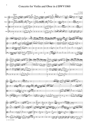 J.S.Bach Concerto for Violin and Oboe in d BWV1060, for string quartet, CB225