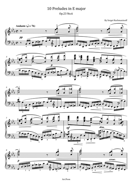Rachmaninoff - 10 Preludes in E major - Op.23 No.6 - Original With Fingered - For Piano Solo image number null