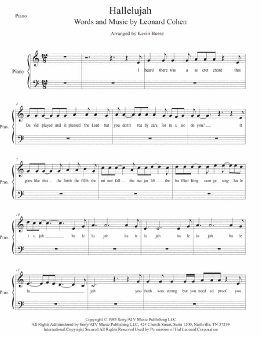 Hallelujah Easy Piano scores gallery preview page 1