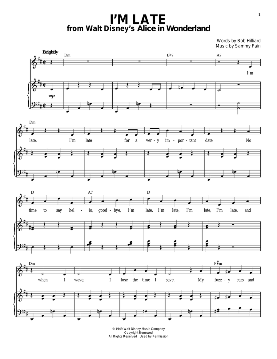 I'm Late (from Alice In Wonderland) Piano, Vocal scores gallery preview page 1