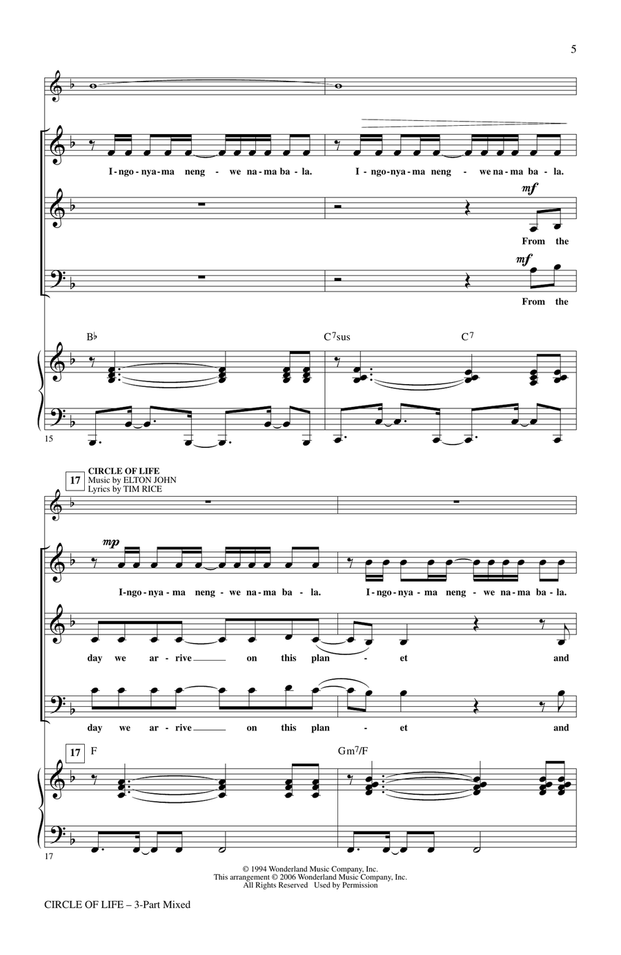 Circle Of Life (with Nants' Ingonyama) (from The Lion King) (Arr. Audrey Snyder) 3-Part scores gallery preview page 3