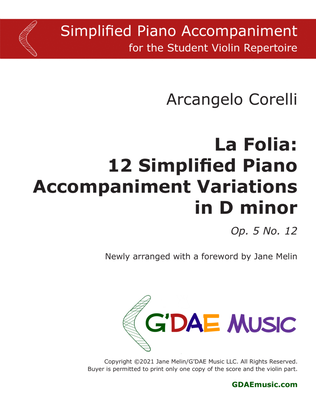 Book cover for Corelli - "La Folia" Simplified Piano Accompaniment Variations in D minor