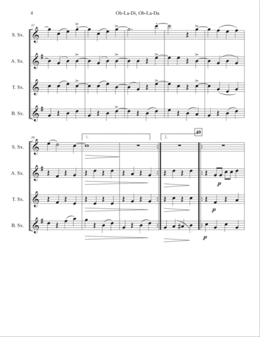 Ob-la-di, Ob-la-da Saxophone Quartet scores gallery preview page 4
