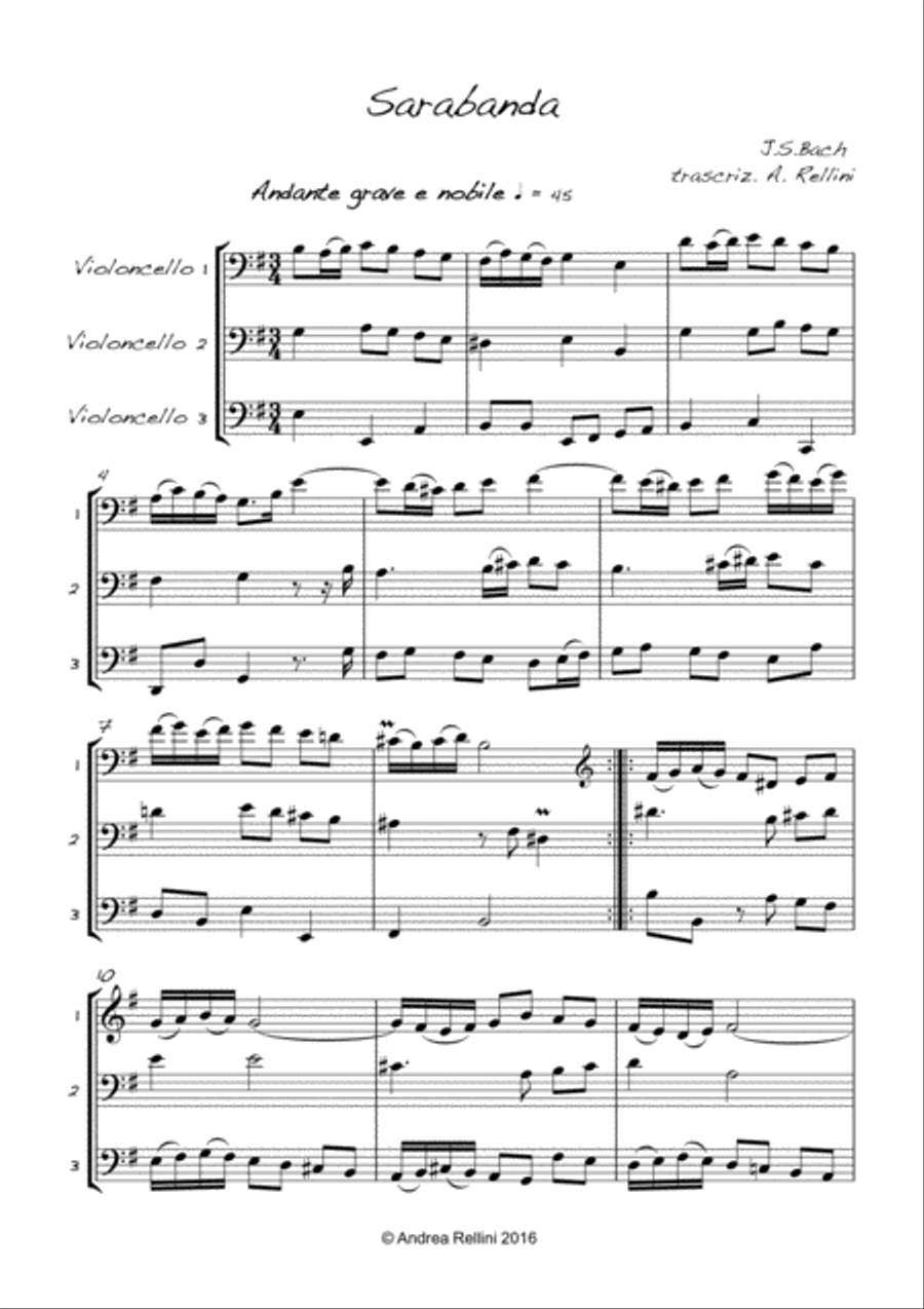 Sarabande from Bach English Suite No. 5 in E Minor (3 Cellos ) String Trio scores gallery preview page 2