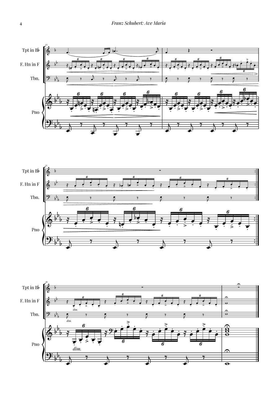Ave Maria by Schubert for Brass Trio (Trumpet, French Horn, Trombone) with Piano Brass Trio scores gallery preview page 4