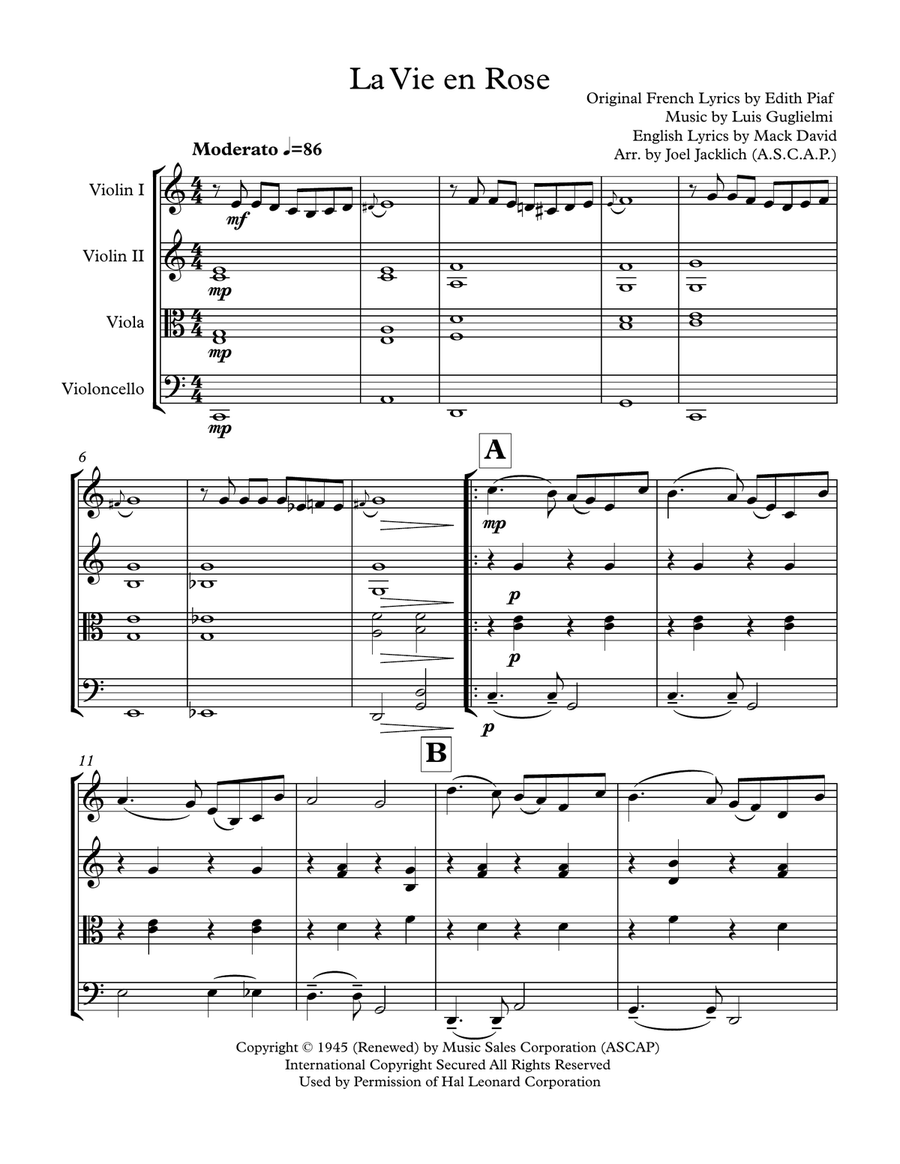 La Vie En Rose La Vie En Rose String Quartet scores gallery preview page 1