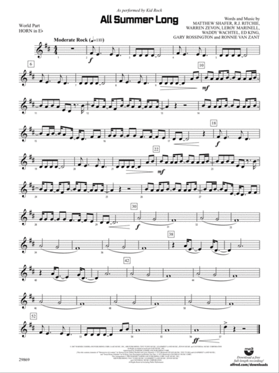 All Summer Long: (World Part) 1st Horn in E-flat Concert Band scores gallery preview page 1