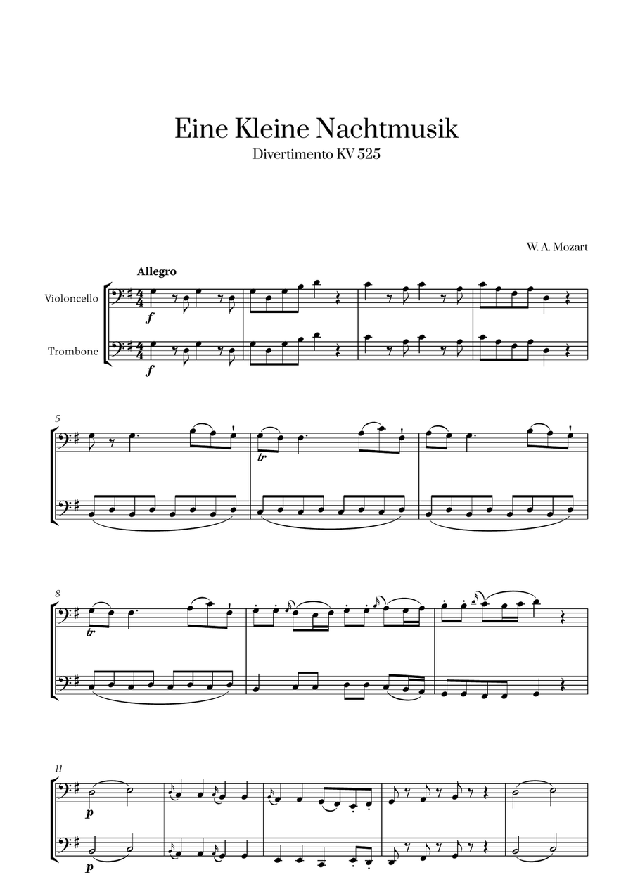 W. A. Mozart - Eine Kleine Nachtmusik (for Cello and Trombone) Trombone Duet scores gallery preview page 1