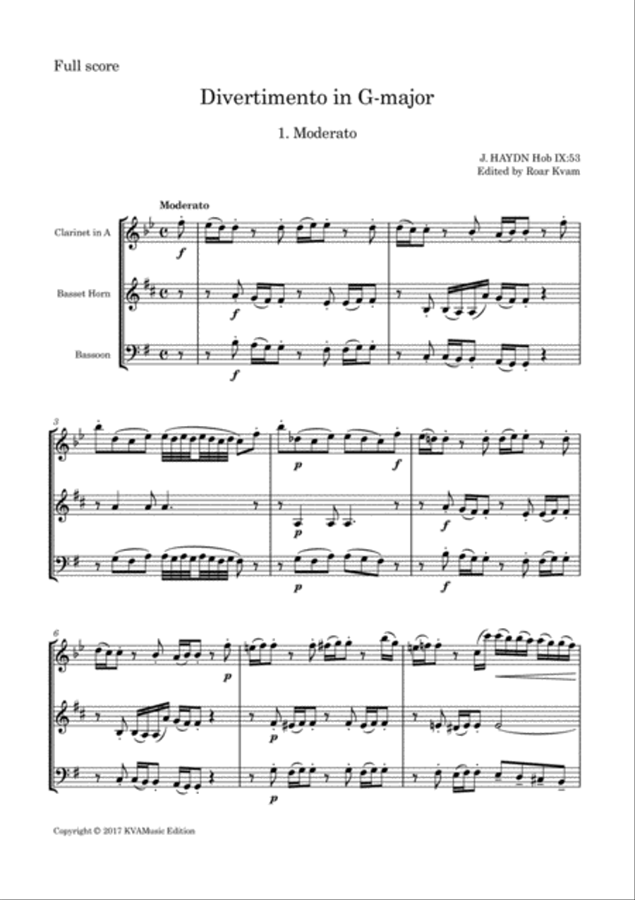 J. Haydn: Divertimento in G major Hob IX:53 Woodwind Trio scores gallery preview page 1
