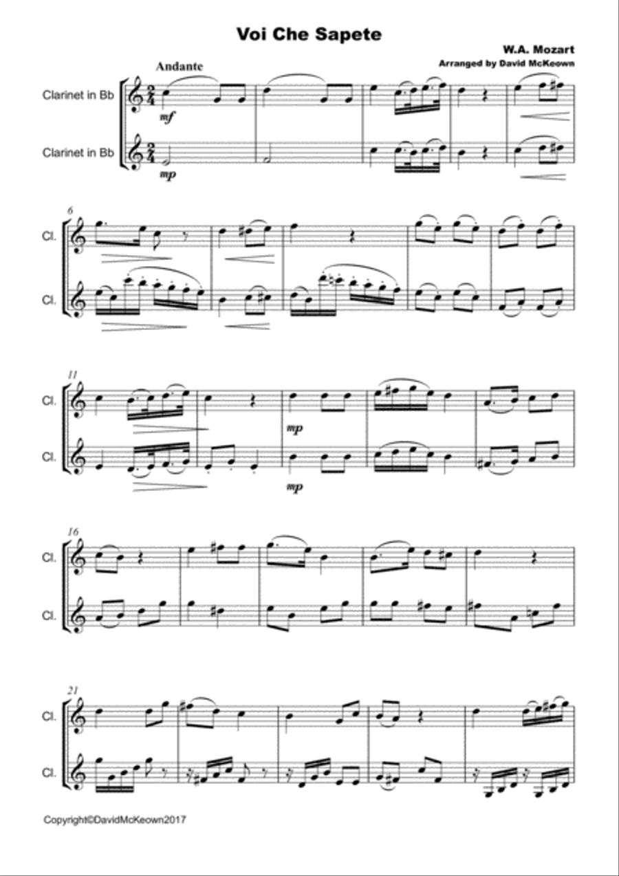 Voi Che Sapete, W A Mozart, for Clarinet Duet. Clarinet Duet scores gallery preview page 2