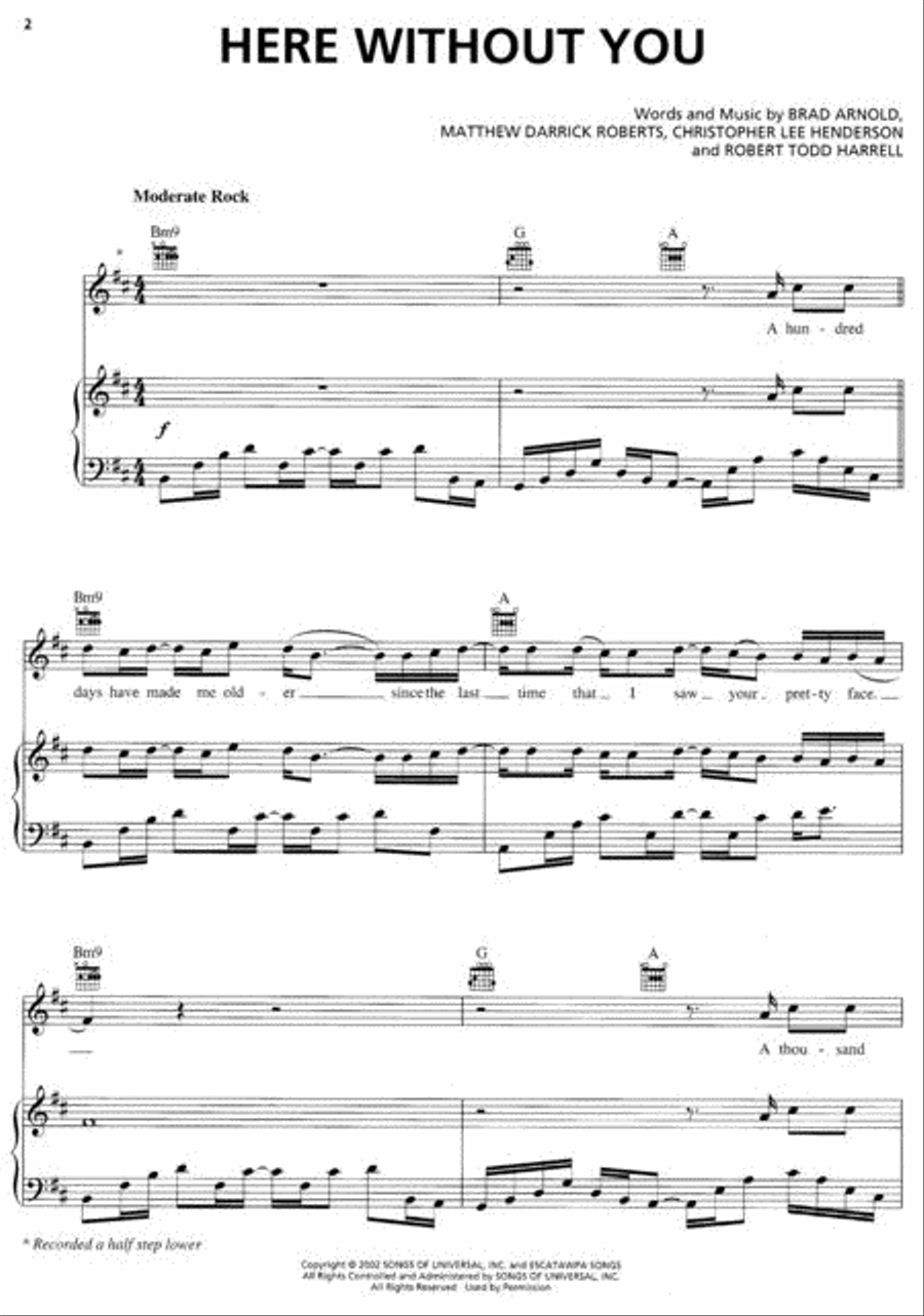 Here Without You Piano, Vocal, Guitar scores gallery preview page 2