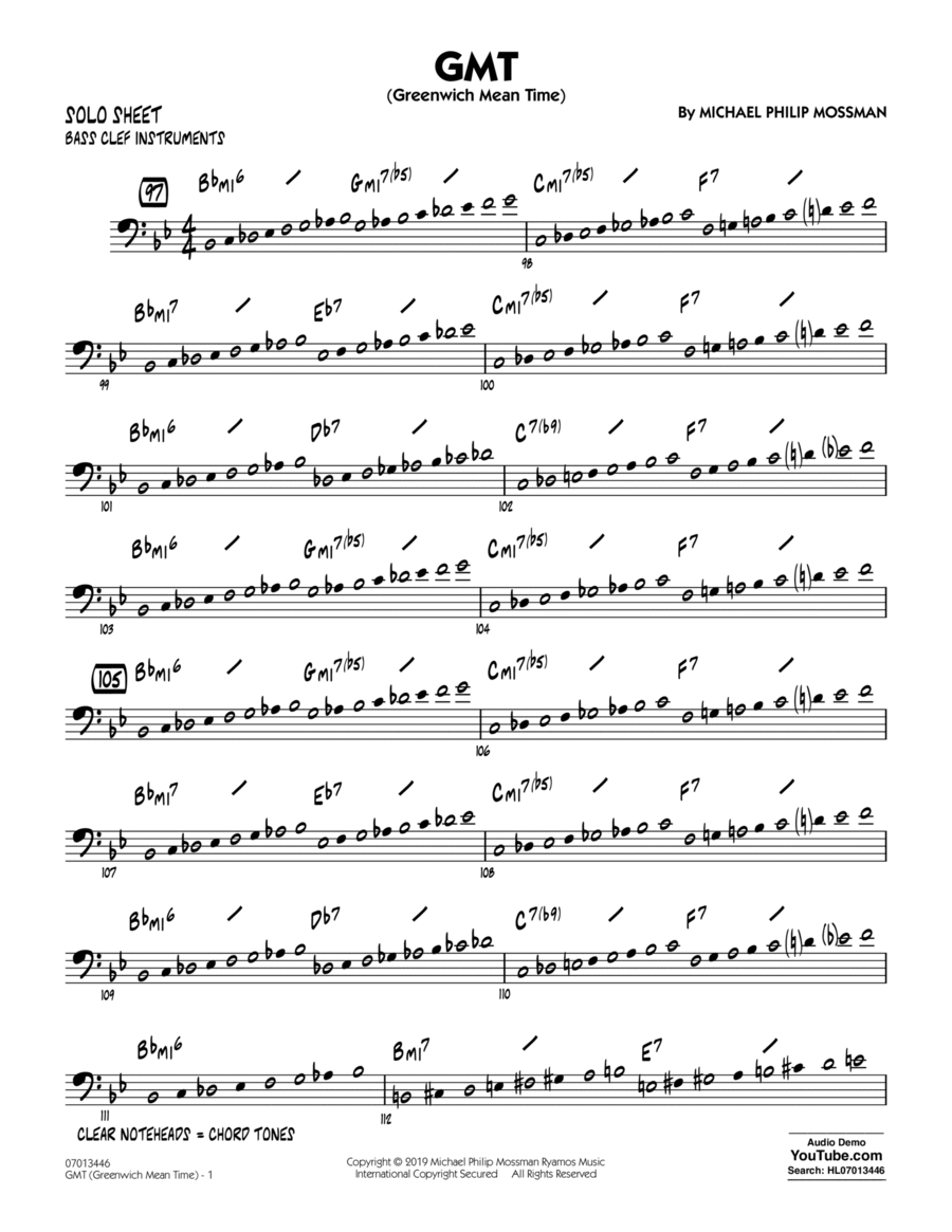 GMT (Greenwich Mean Time) - Bass Clef Solo Sheet Jazz Ensemble scores gallery preview page 1