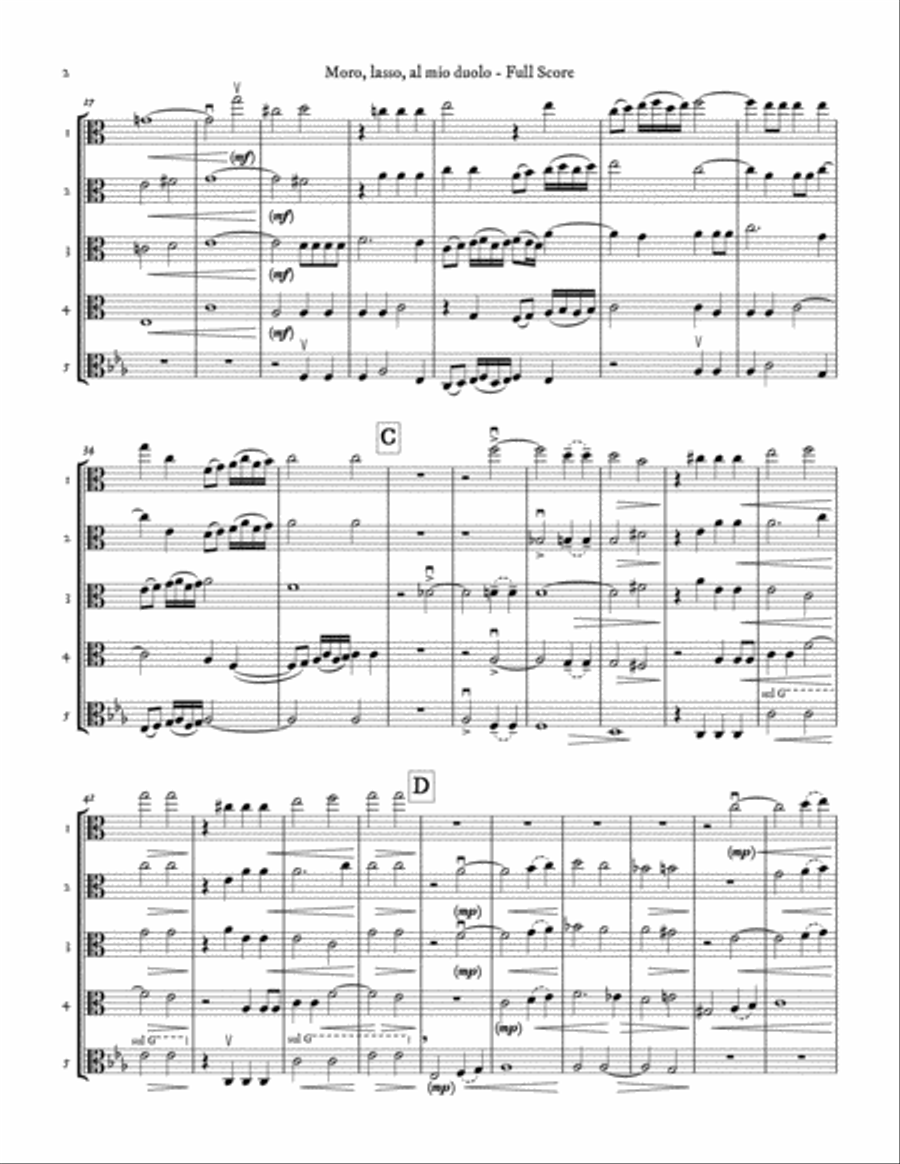 Moro, lasso, al mio duolo (Madrigal for Viola Quintet) Choir scores gallery preview page 2