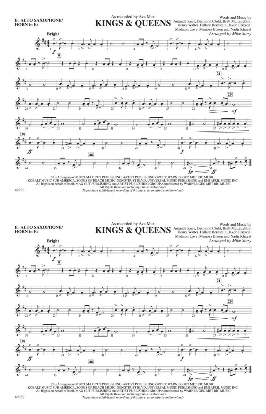 Kings & Queens: E-flat Alto Saxophone Marching Band scores gallery preview page 1