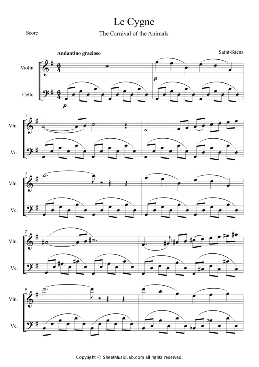 Le Cygne (Le Carnaval des Animaux) String Duet scores gallery preview page 1