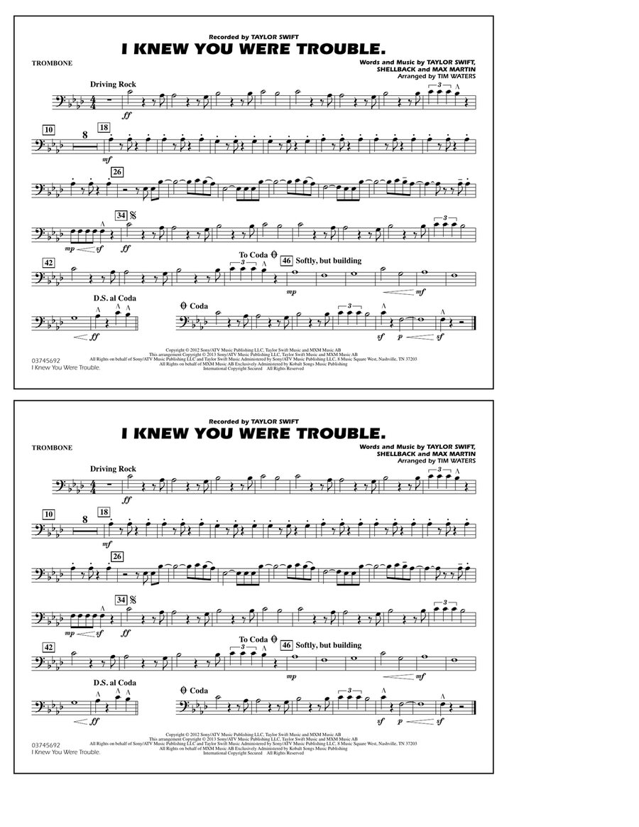 I Knew You Were Trouble - Trombone