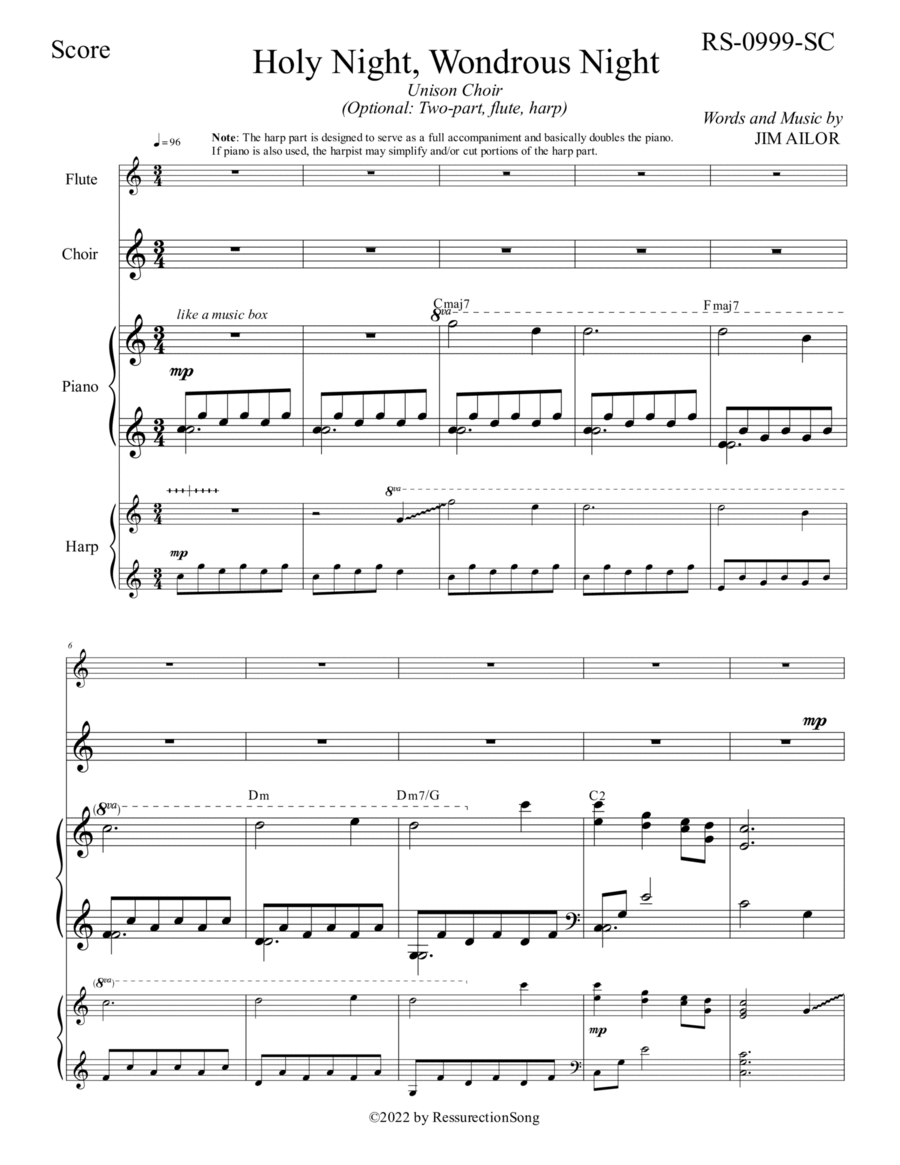 Holy Night, Wondrous Night SCORE (Unison Choir, Optional: Two-part Choir, Flute, Harp) image number null