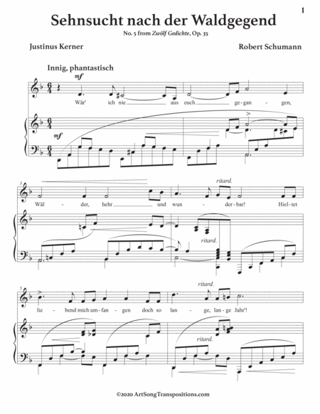 SCHUMANN: Sehnsucht nach der Waldgegend, Op. 35 no. 5 (transposed to D minor)
