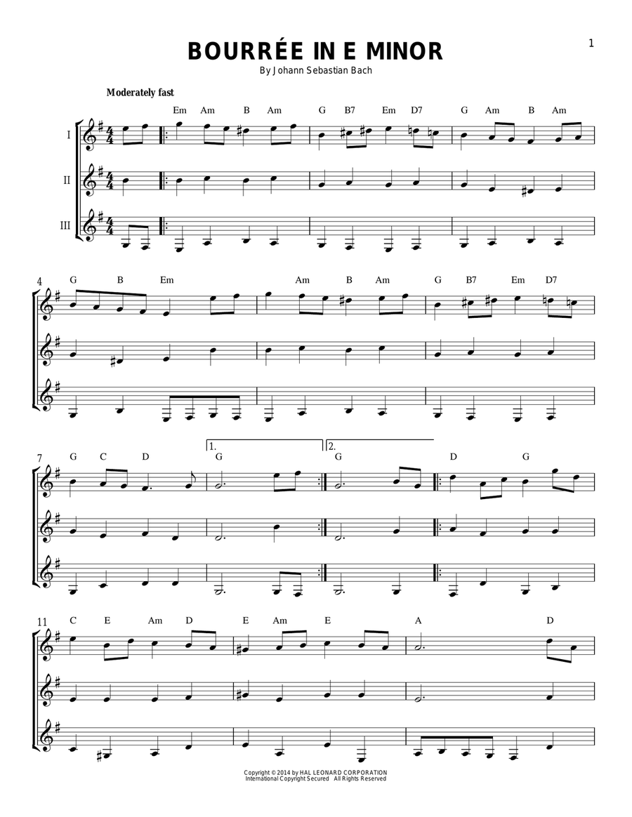 Bourree In E Minor Guitar Ensemble scores gallery preview page 1
