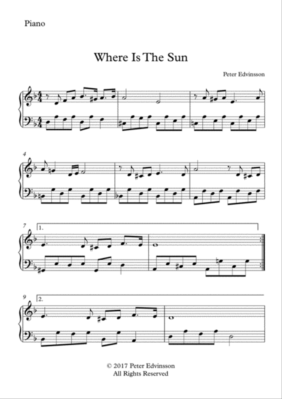 Where Is The Sun - Easy piano sheet music Easy Piano scores gallery preview page 1