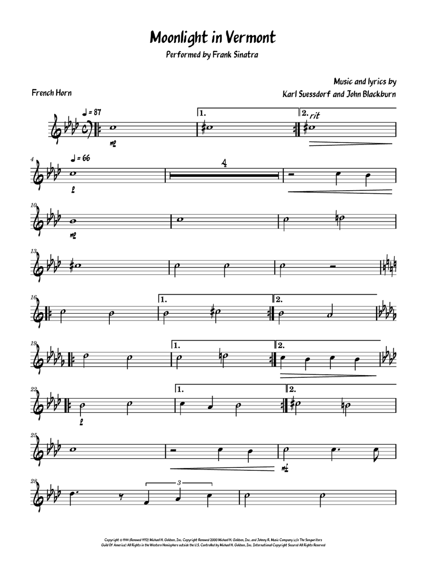 Moonlight In Vermont Horn Solo scores gallery preview page 1