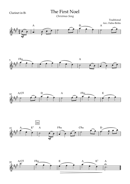 The First Noel (Christmas Song) for Clarinet in Bb Solo with Chords