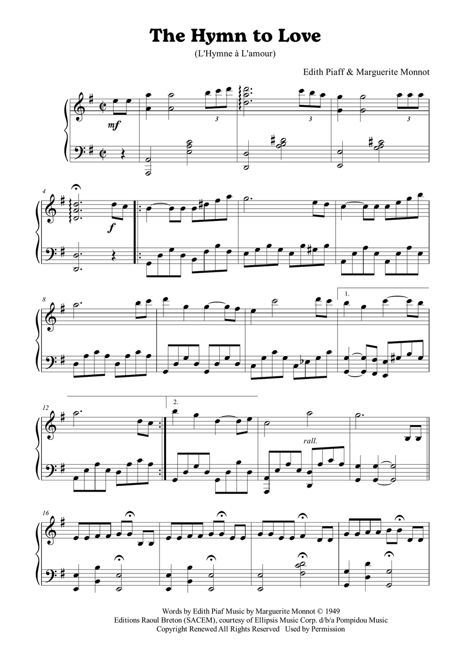 Hymne A L'amour Easy Piano scores gallery preview page 1