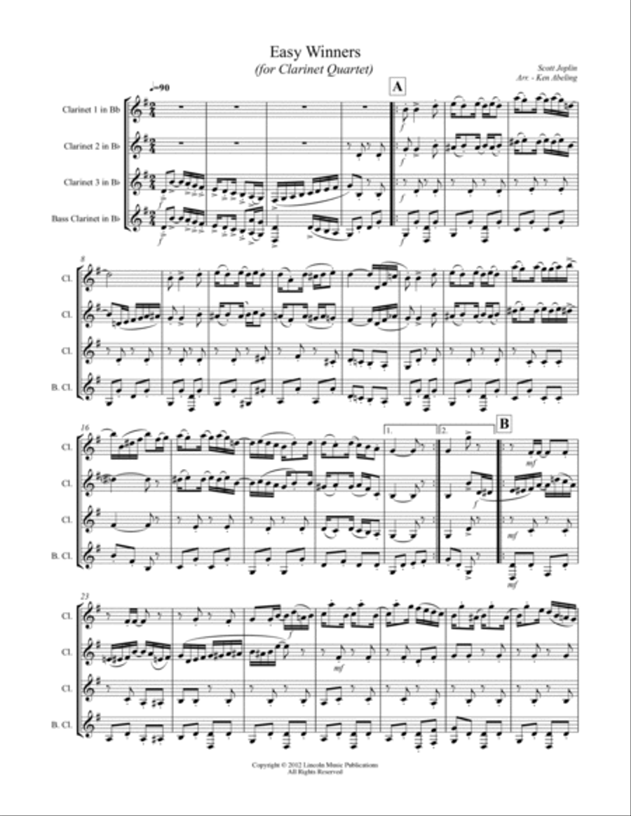 Joplin - “The Easy Winners” (for Clarinet Quartet) Clarinet Quartet scores gallery preview page 2