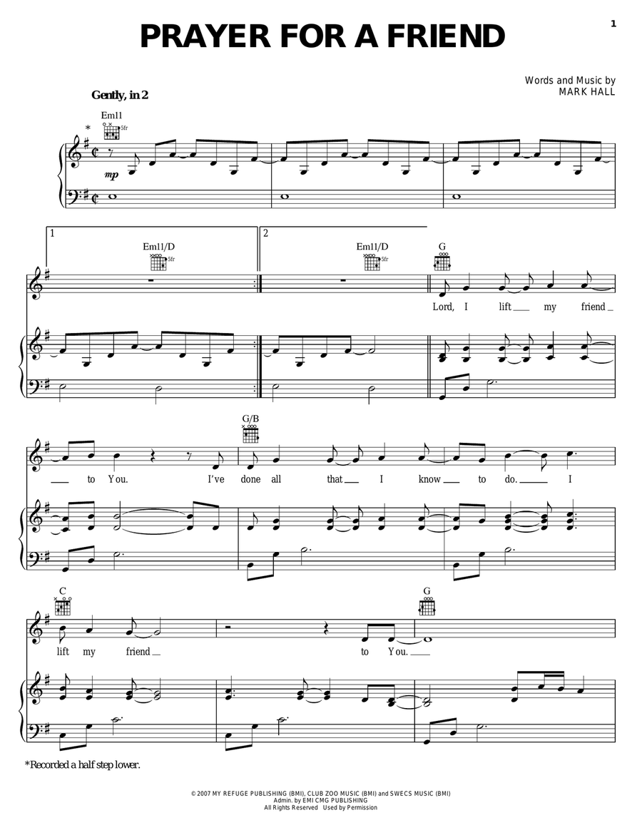 Prayer For A Friend Prayer For A Friend Piano, Vocal, Guitar scores gallery preview page 1
