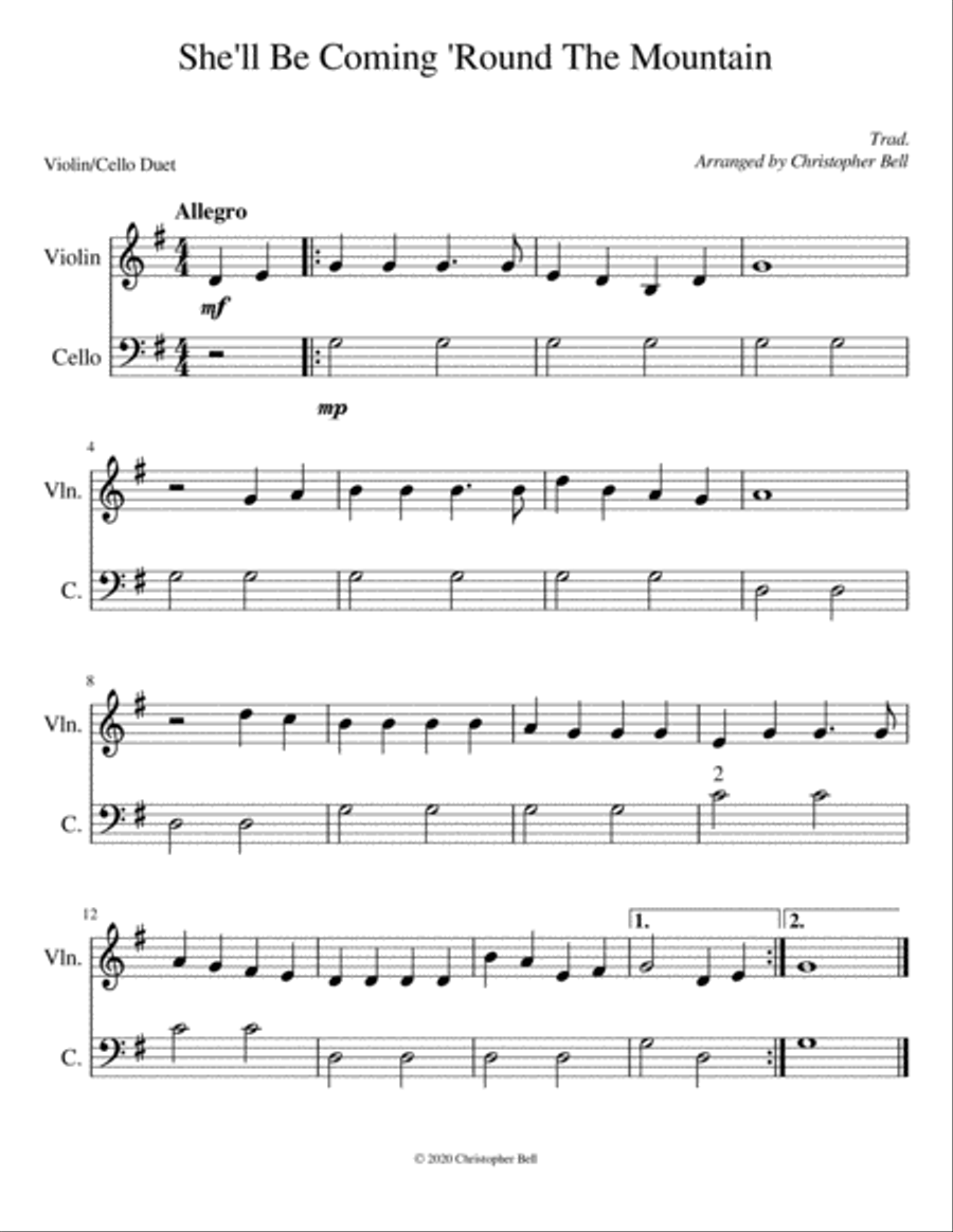 She'll Be Coming 'Round The Mountain - Easy Violin/Cello Duet String Duet scores gallery preview page 1