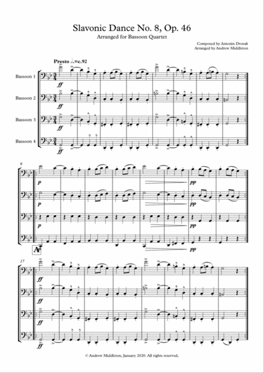 Slavonic Dance No. 8 in G Minor arranged for Bassoon Quartet Woodwind Quartet scores gallery preview page 3