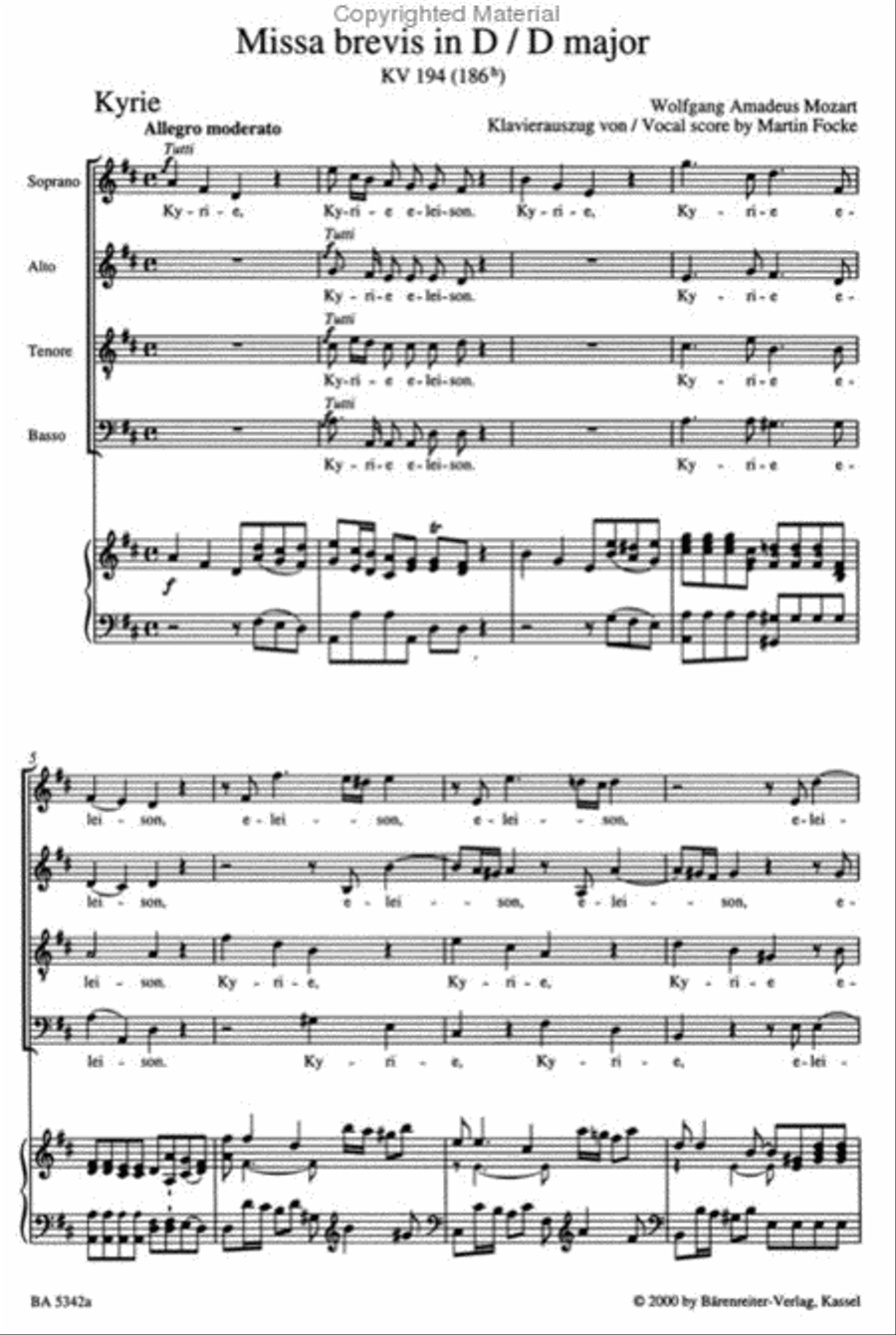 Missa brevis D major, KV 194 (186h) 4-Part scores gallery preview page 2