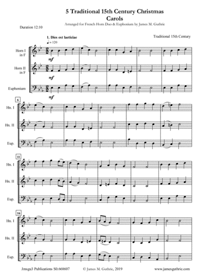 5 Traditional 15th Century Christmas Carols for French Horn Duo & Euphonium image number null