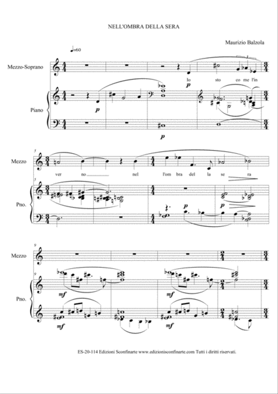 Maurizio Balzola: NELL’OMBRA DELLA SERA (ES-20-114) per mezzosoprano e pianoforte