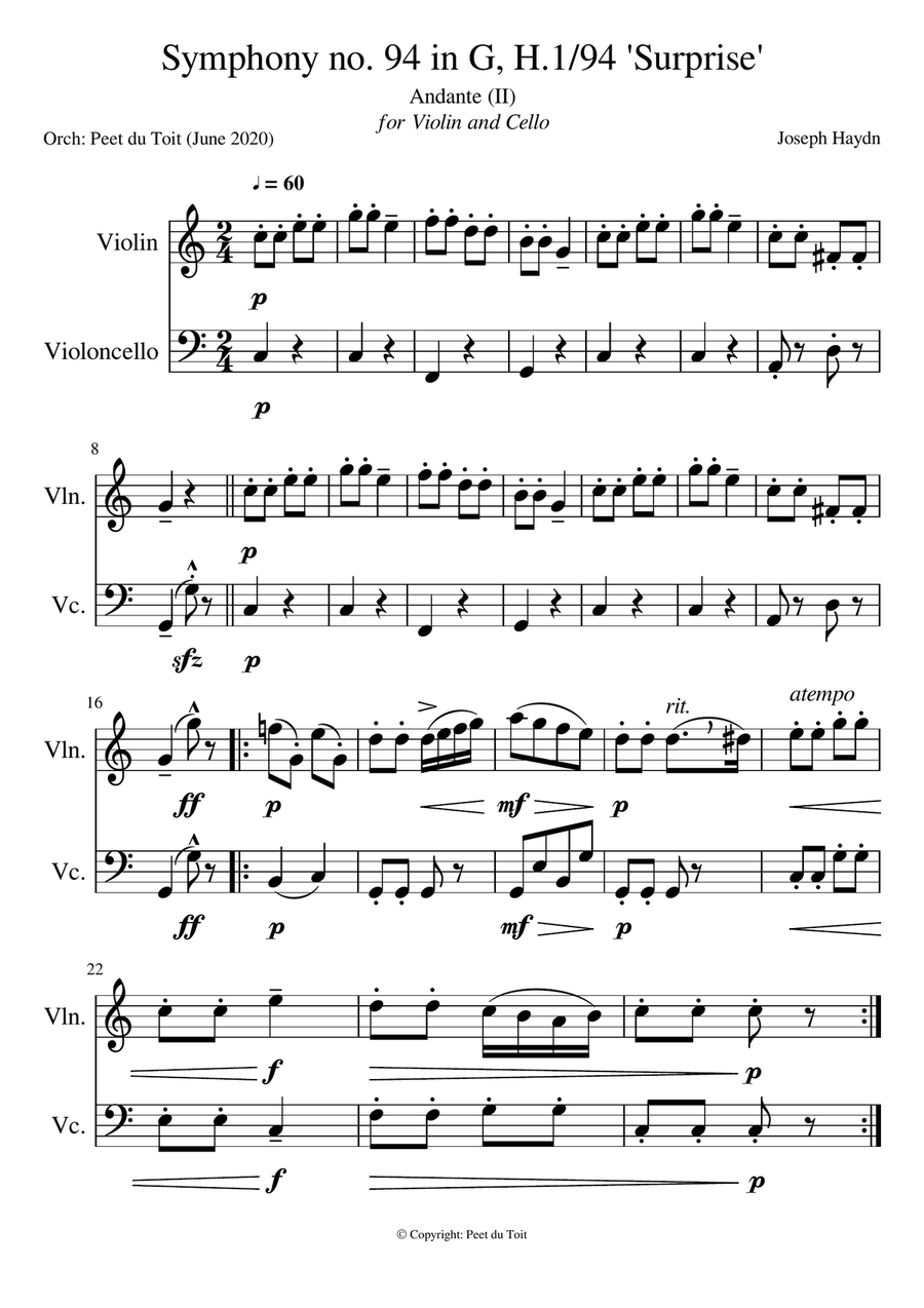 Symphony no. 94 in G, H.1/94 'Surprise', Andante (II) - FJ Haydn (Violin & Cello) excerpt String Duet scores gallery preview page 1