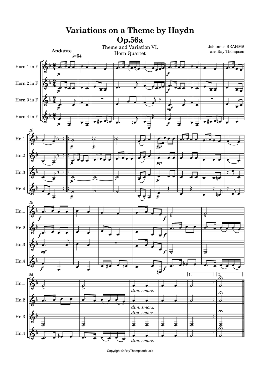 Brahms: Variations on a Theme by Haydn Op.56a (St.Anthony Chorale): Theme and Var.VI - horn quartet) French Horn Quartet scores gallery preview page 2
