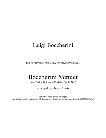 MINUET BY BOCCHERINI DUET FOR VIOLIN AND VIOLA, Intermediate Level image number null
