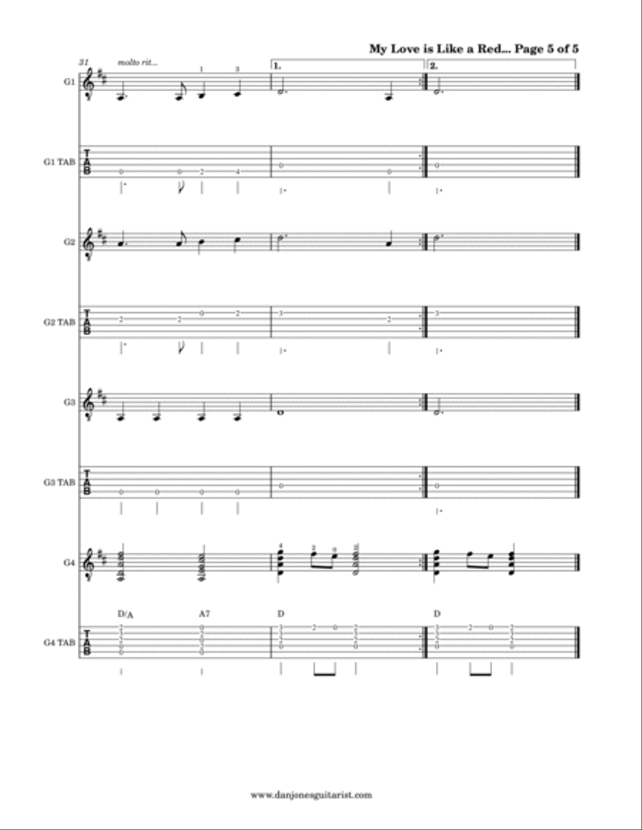 My Love is Like a Red, Red Rose (Guitar Quartet Version) Guitar Ensemble scores gallery preview page 5