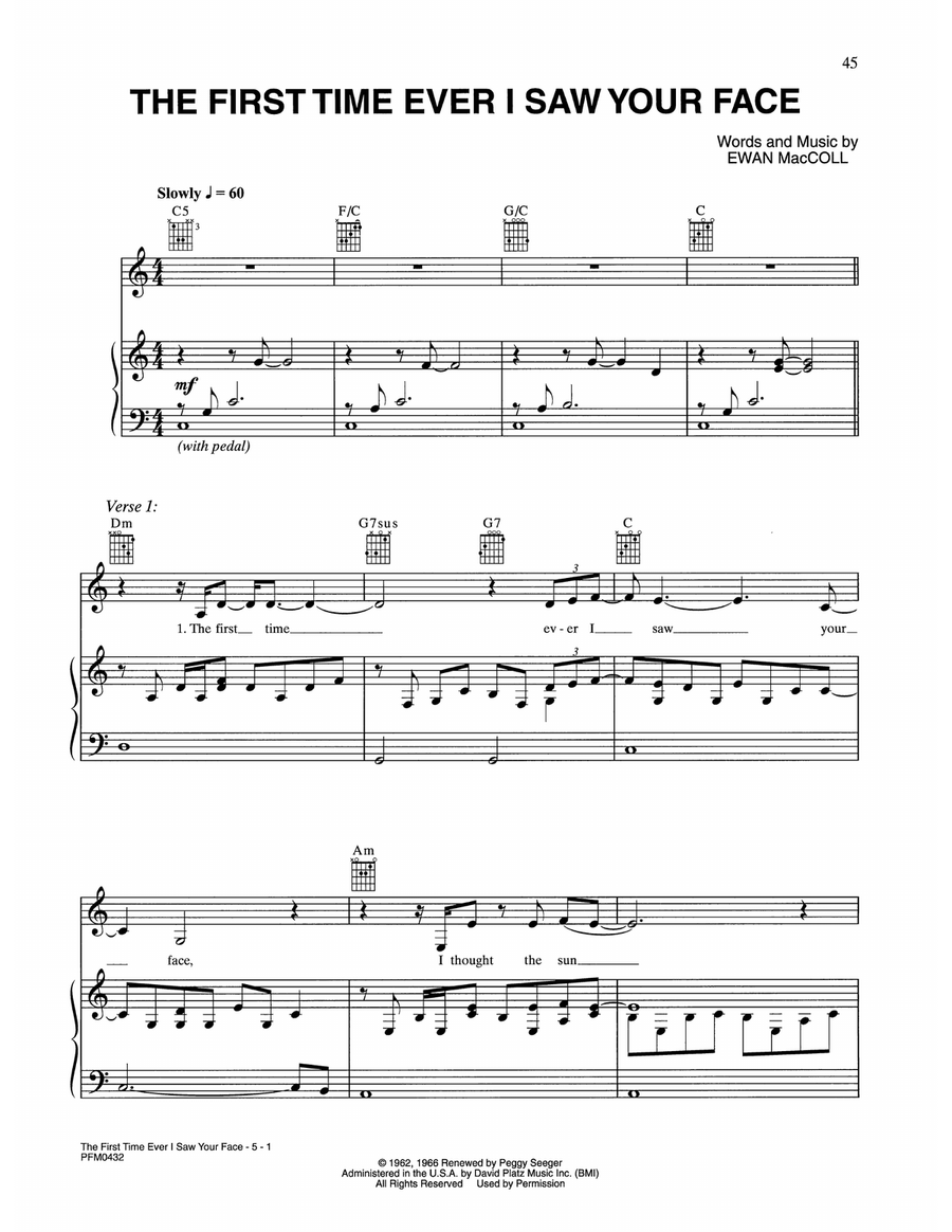 The First Time Ever I Saw Your Face Piano, Vocal, Guitar scores gallery preview page 1