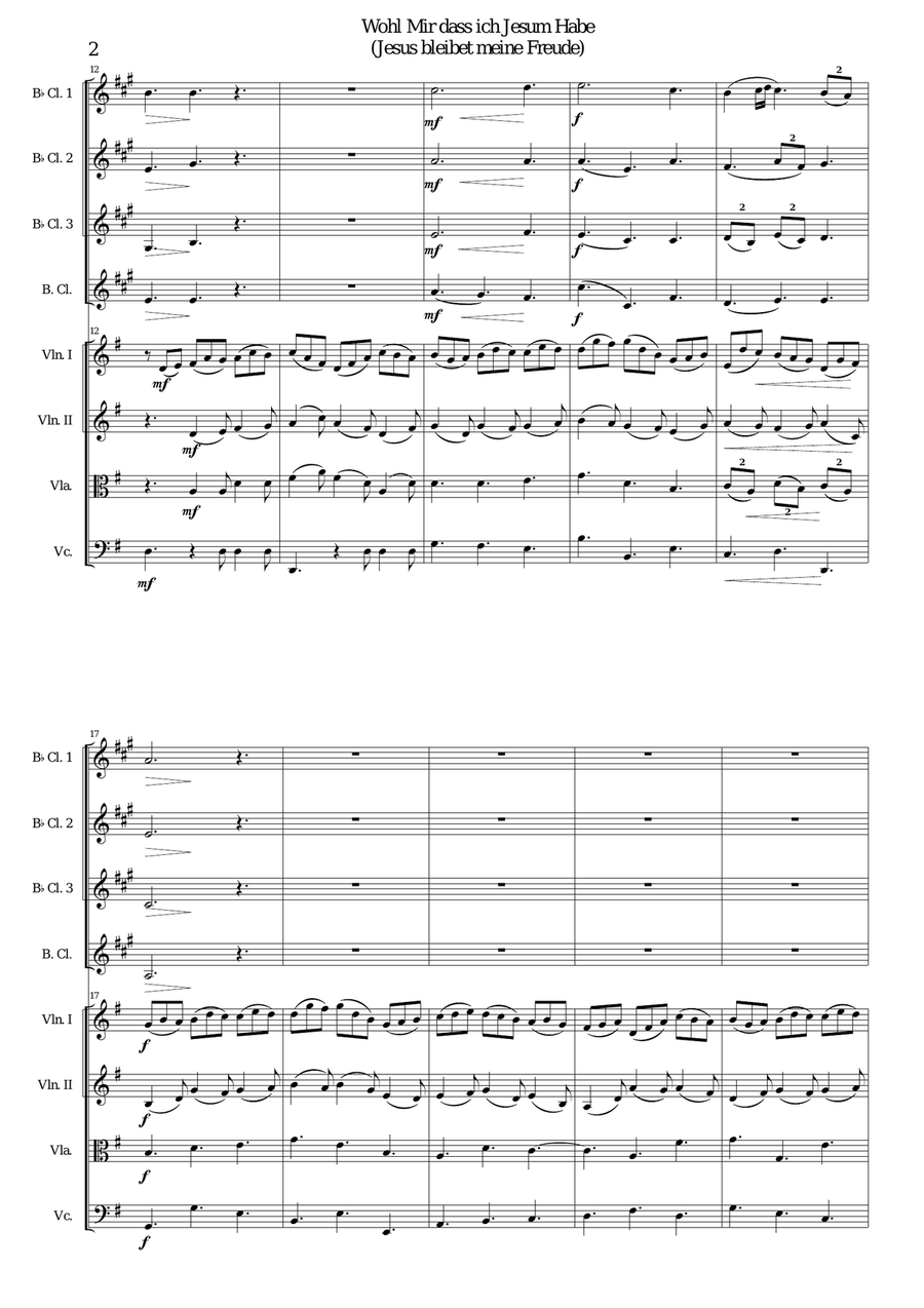Wohl mir dass ich Jesum habe (Jesu joy of man's desiring) for clarinet quartet and strings Small Ensemble scores gallery preview page 2