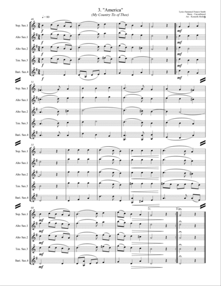 The U.S. National Anthem and The Americas (for Saxophone Quartet SATB or AATB) Saxophone Quartet scores gallery preview page 4