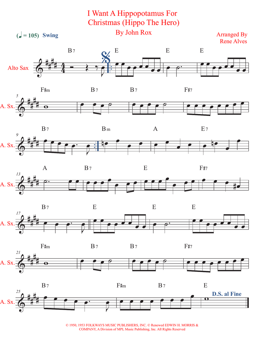 I Want A Hippopotamus For Christmas (Hippo The Hero) Alto Saxophone scores gallery preview page 1