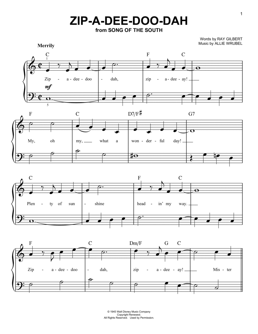 Zip-A-Dee-Doo-Dah (from Song Of The South) Easy Piano scores gallery preview page 1