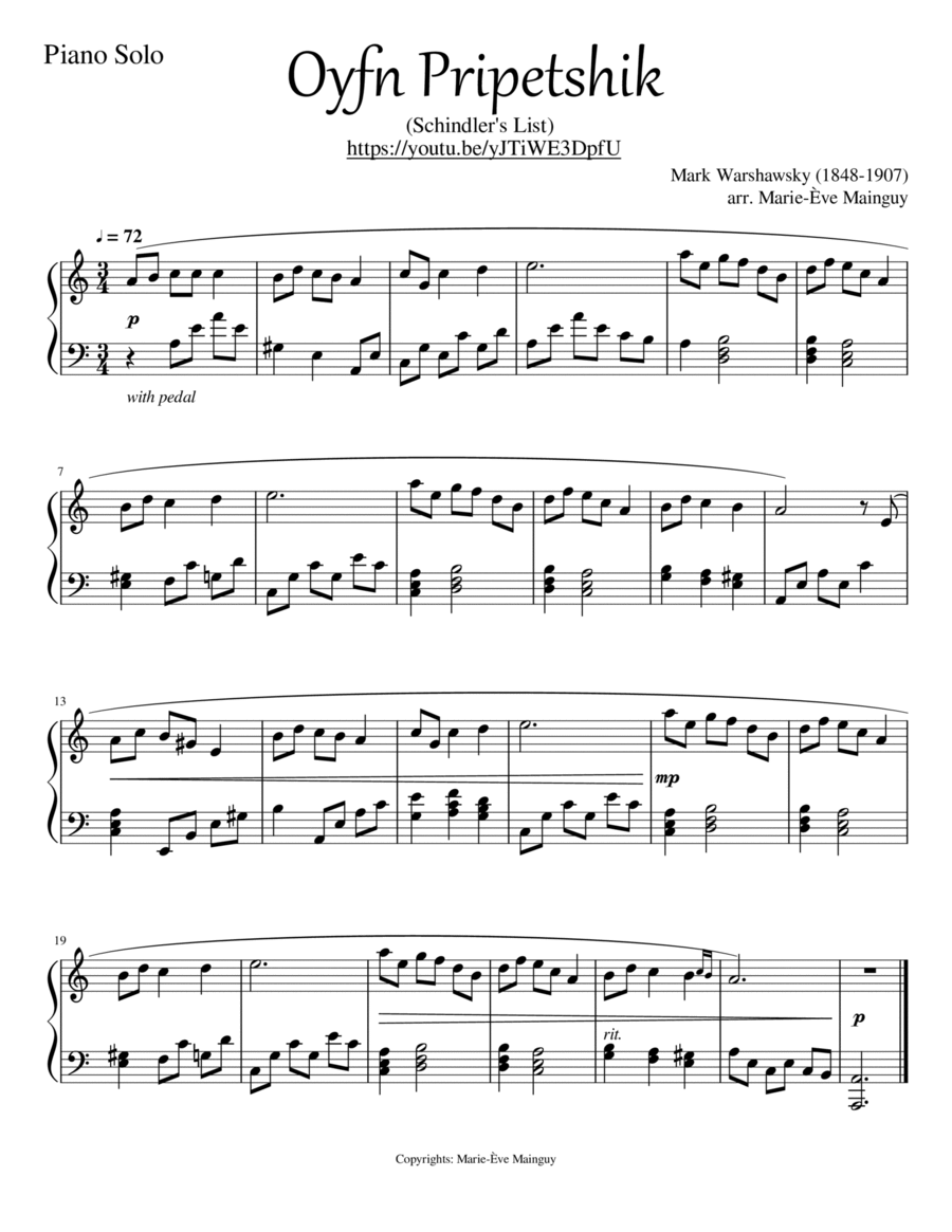 Oyfn Pripetshik - Schindler's List Piano Solo scores gallery preview page 1