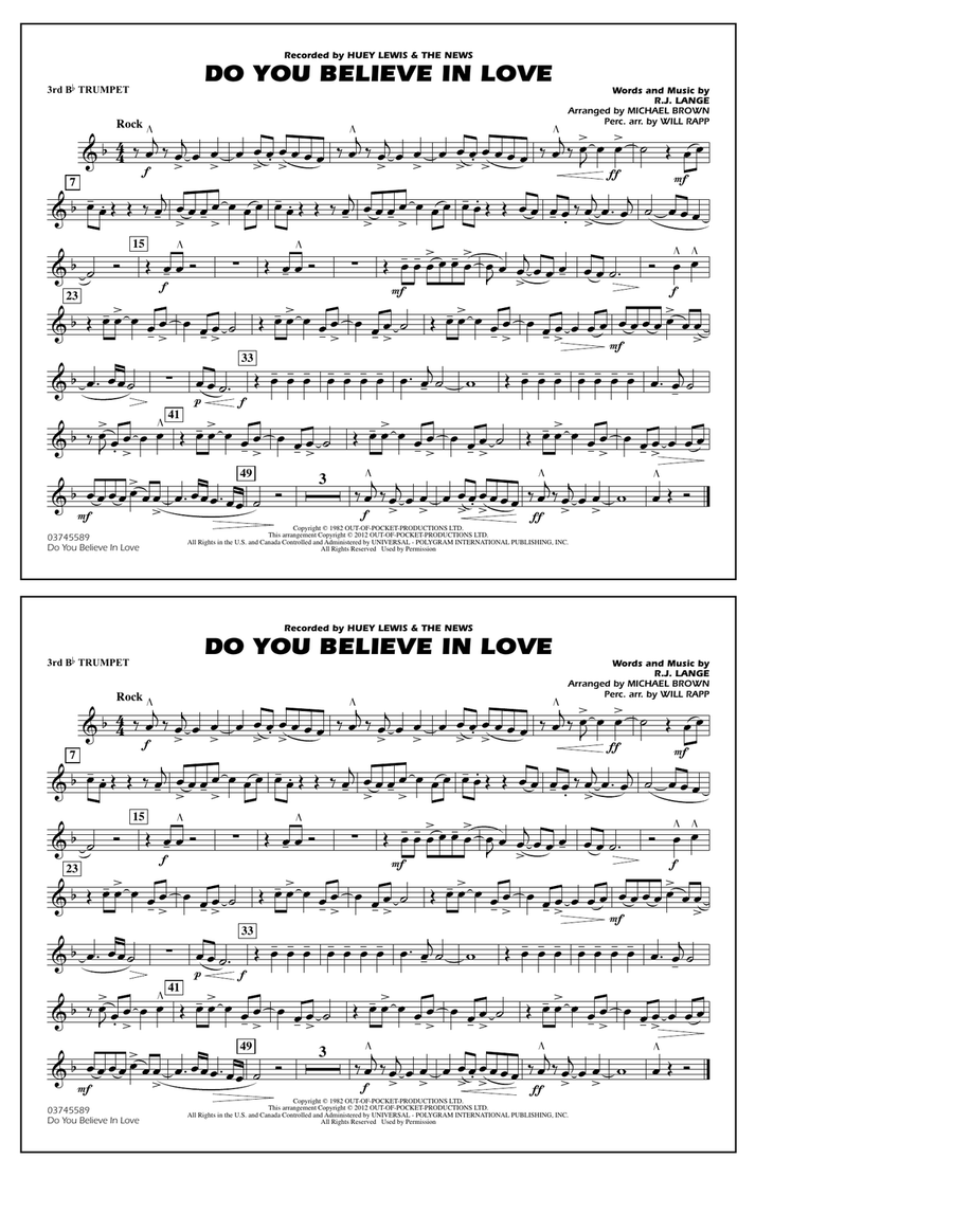Do You Believe In Love - 3rd Bb Trumpet Marching Band scores gallery preview page 1