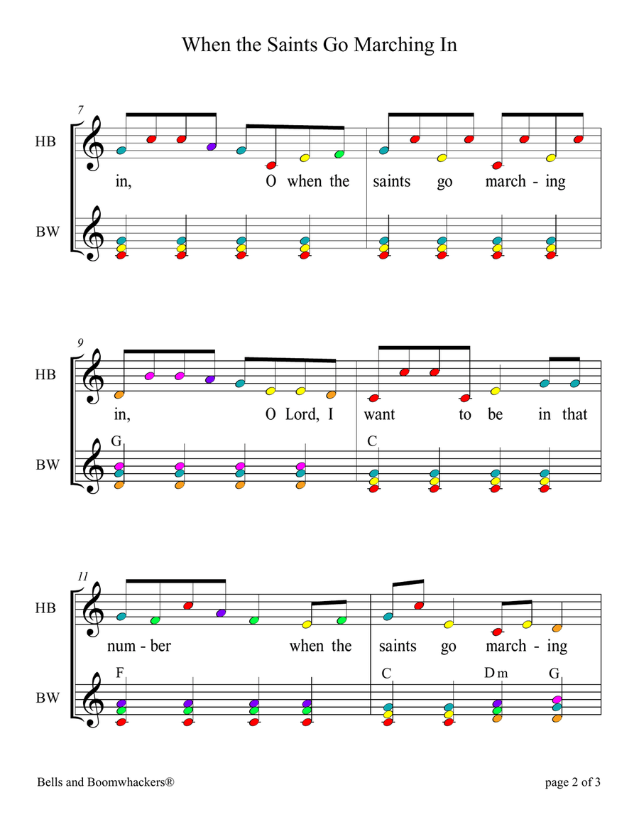 When the Saints Go Marching In (for 8-note Bells and Boomwhacker with Color Coded Notes) Handbell Choir scores gallery preview page 5