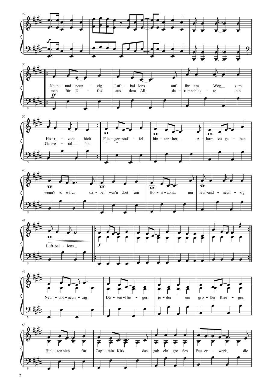99 Red Balloons (99 Luftballons) Piano Solo scores gallery preview page 2