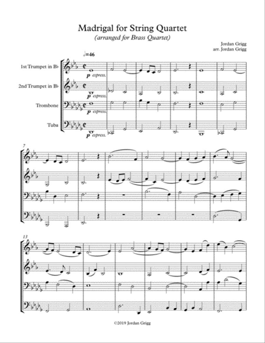 Madrigal for String Quartet (arranged for Brass Quartet) Choir scores gallery preview page 1