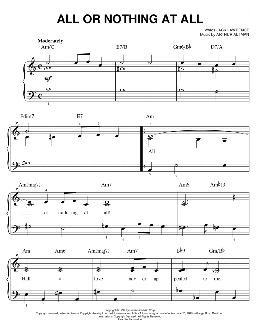 All Or Nothing At All Easy Piano scores gallery preview page 1