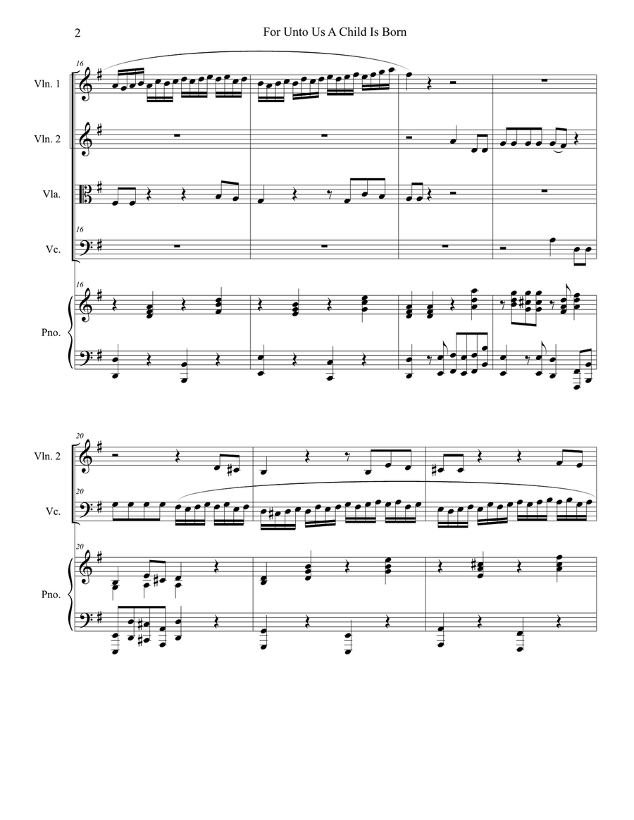 For Unto Us A Child Is Born (String Quartet and Piano) String Quartet scores gallery preview page 2